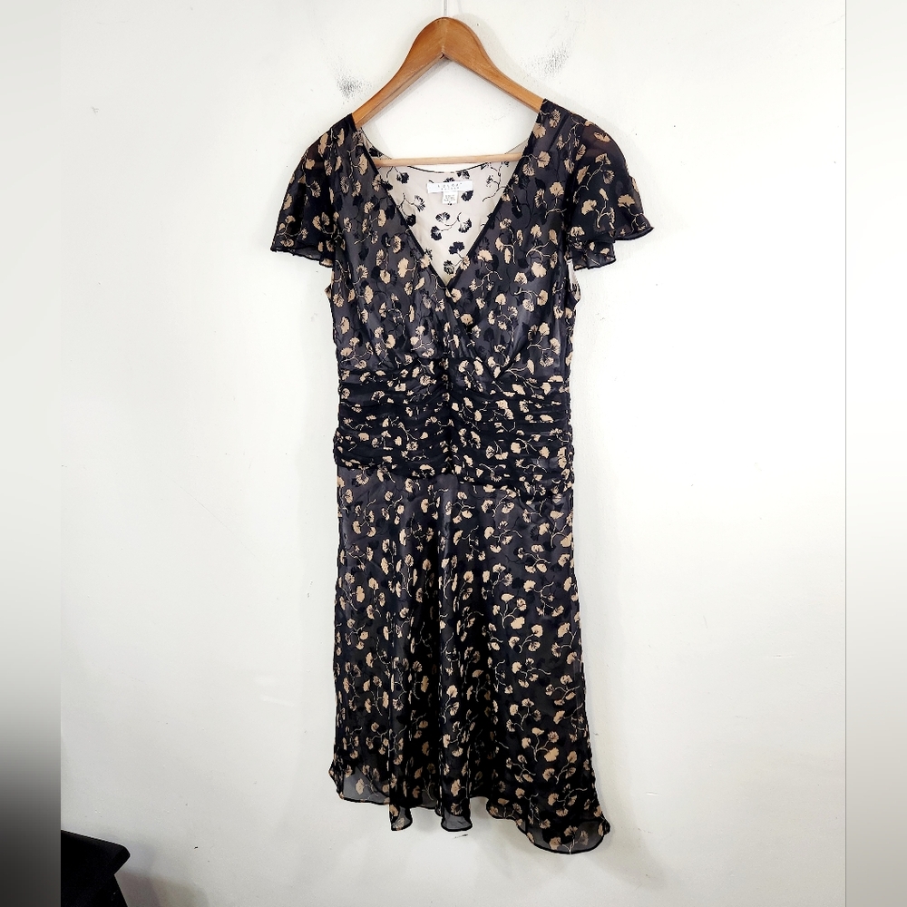 Nougat silk Dress with Beige Floral Print